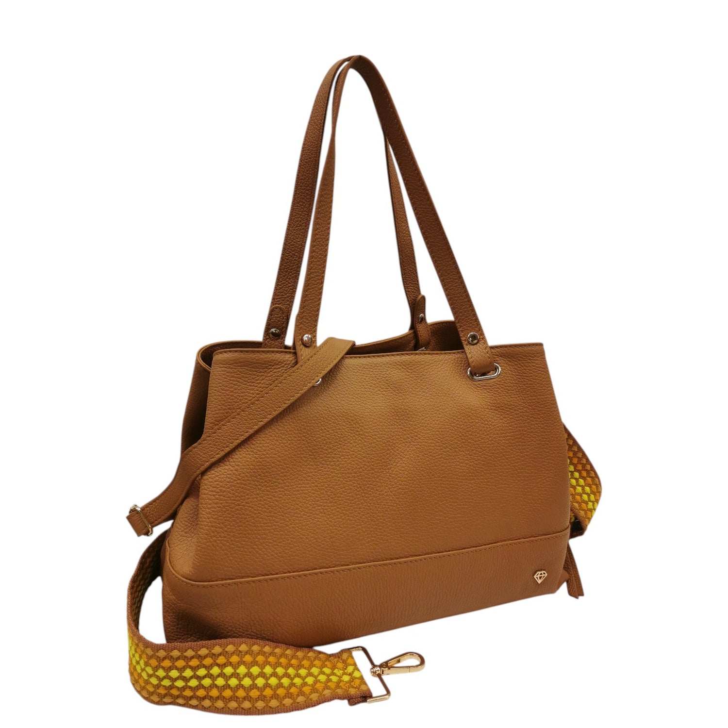 Caleidos Borsa a Spalla Grande Donna in Pelle Caramello con Doppia Tracolla