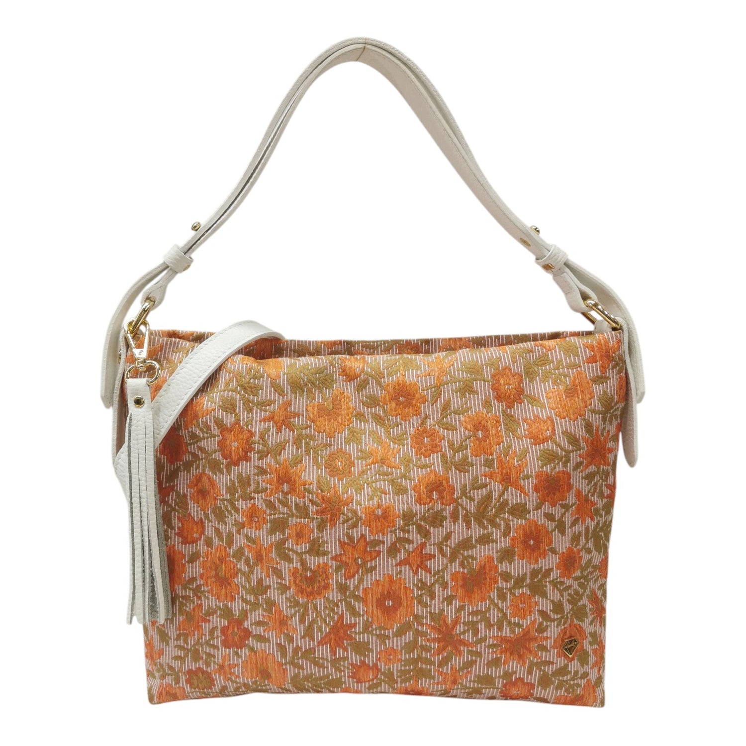 Caleidos Borsa a Spalla Donna in Tessuto Salmone con Stampa Floreale e Manico in pelle