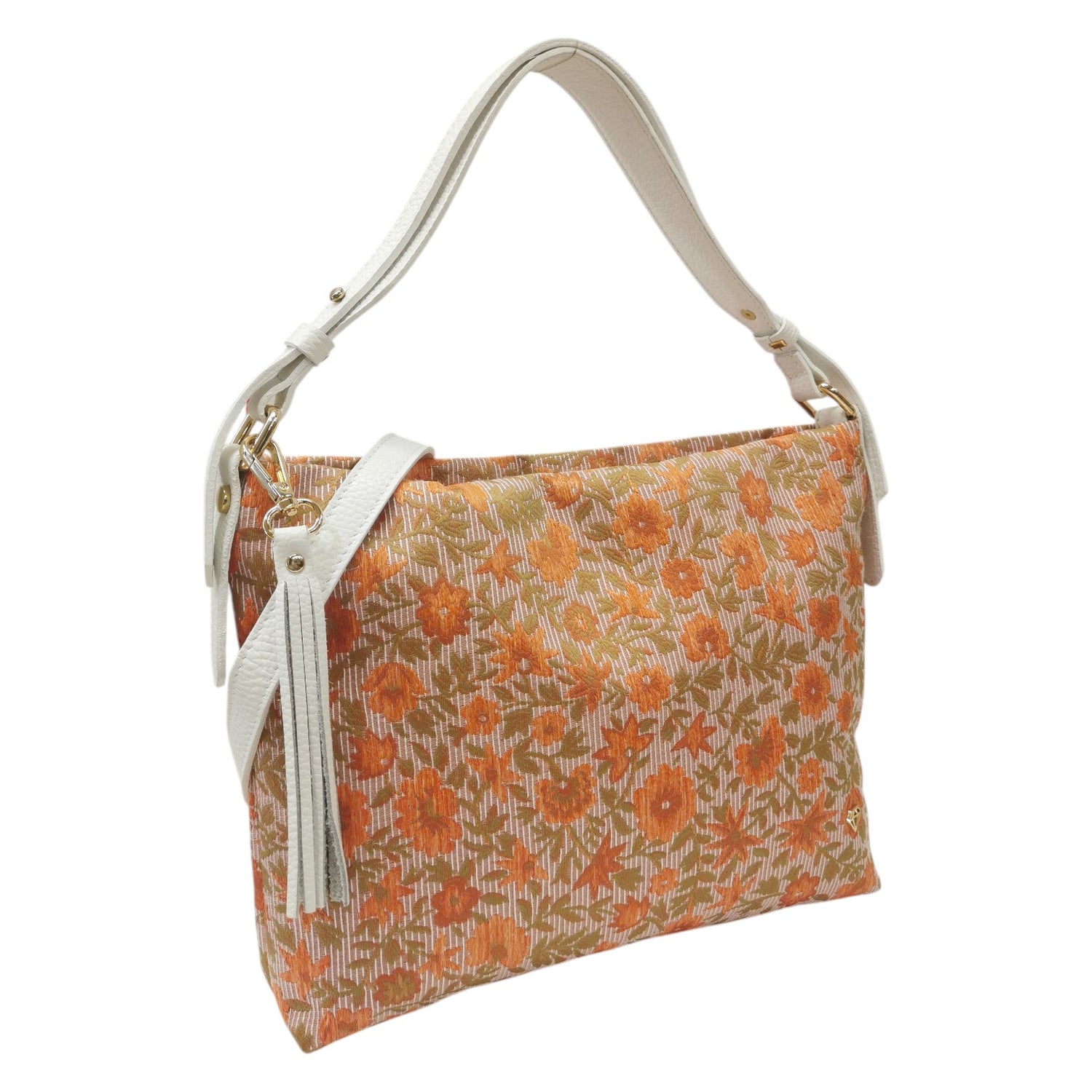 Caleidos Borsa a Spalla Donna in Tessuto Salmone con Stampa Floreale e Manico in pelle