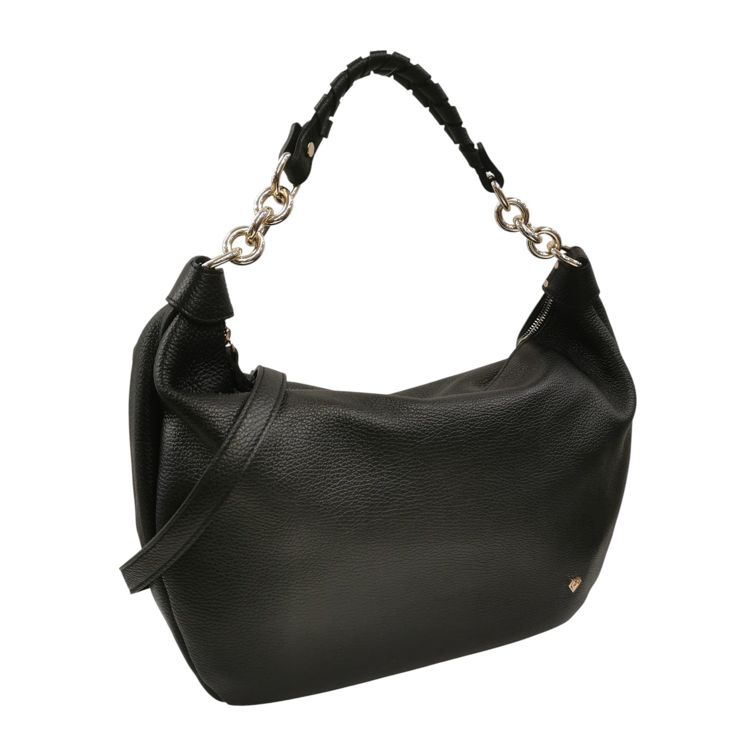 Caleidos Borsa a Spalla Donna in Pelle Nera con Manico ad Intreccio e Catena