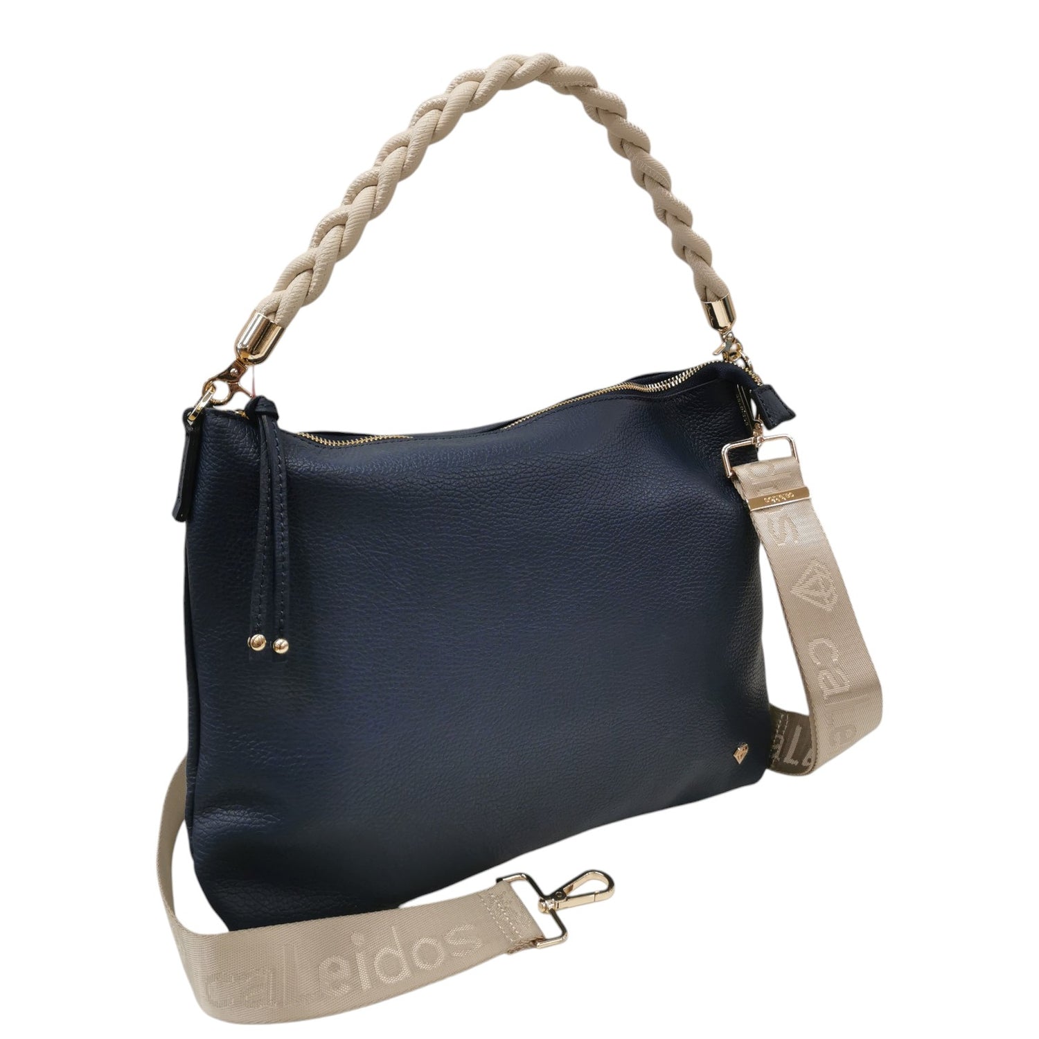 Caleidos Borsa a Spalla Donna in Pelle Blu Beige con Tracolla in Tessuto e Manico Intrecciato