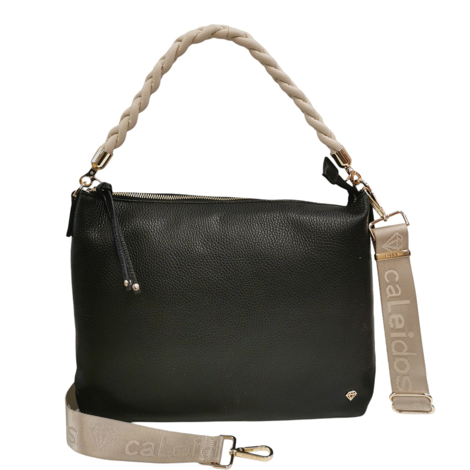 Caleidos Borsa a Spalla Donna in Pelle Nero Beige con Tracolla in Tessuto e Manico Intrecciato