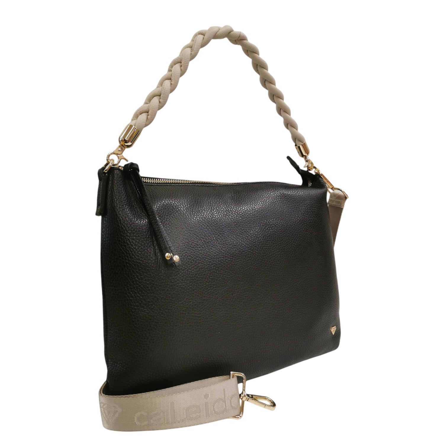 Caleidos Borsa a Spalla Donna in Pelle Nero Beige con Tracolla in Tessuto e Manico Intrecciato