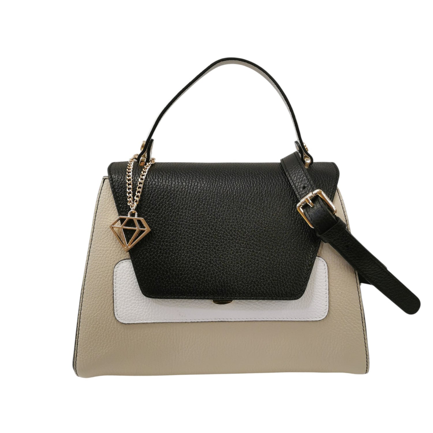 Caleidos Borsa a Mano Media Donna in Pelle Nera Mix con Tracolla