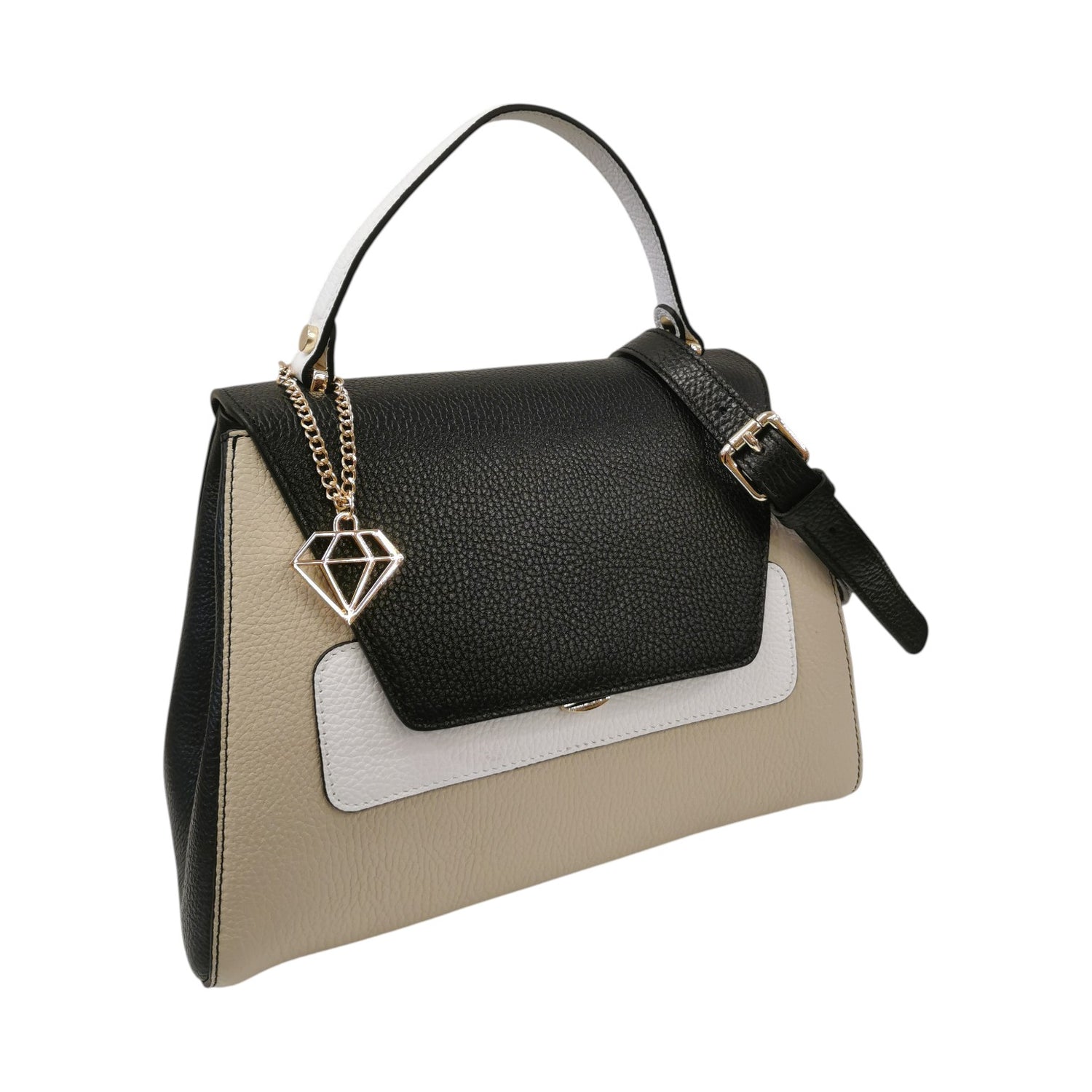 Caleidos Borsa a Mano Media Donna in Pelle Nera Mix con Tracolla