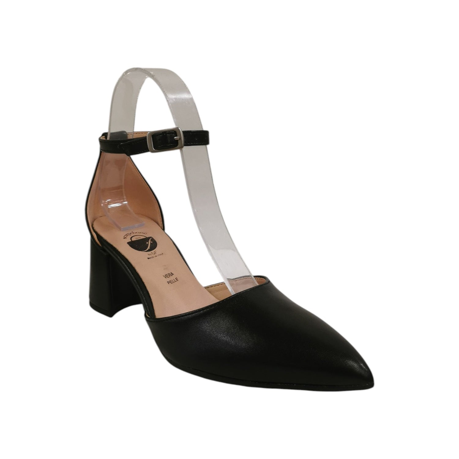 Scarpeborseonline Dècollettè Donna in Ecopelle Nera con Cinturino e Tacco Largo Alto 60mm