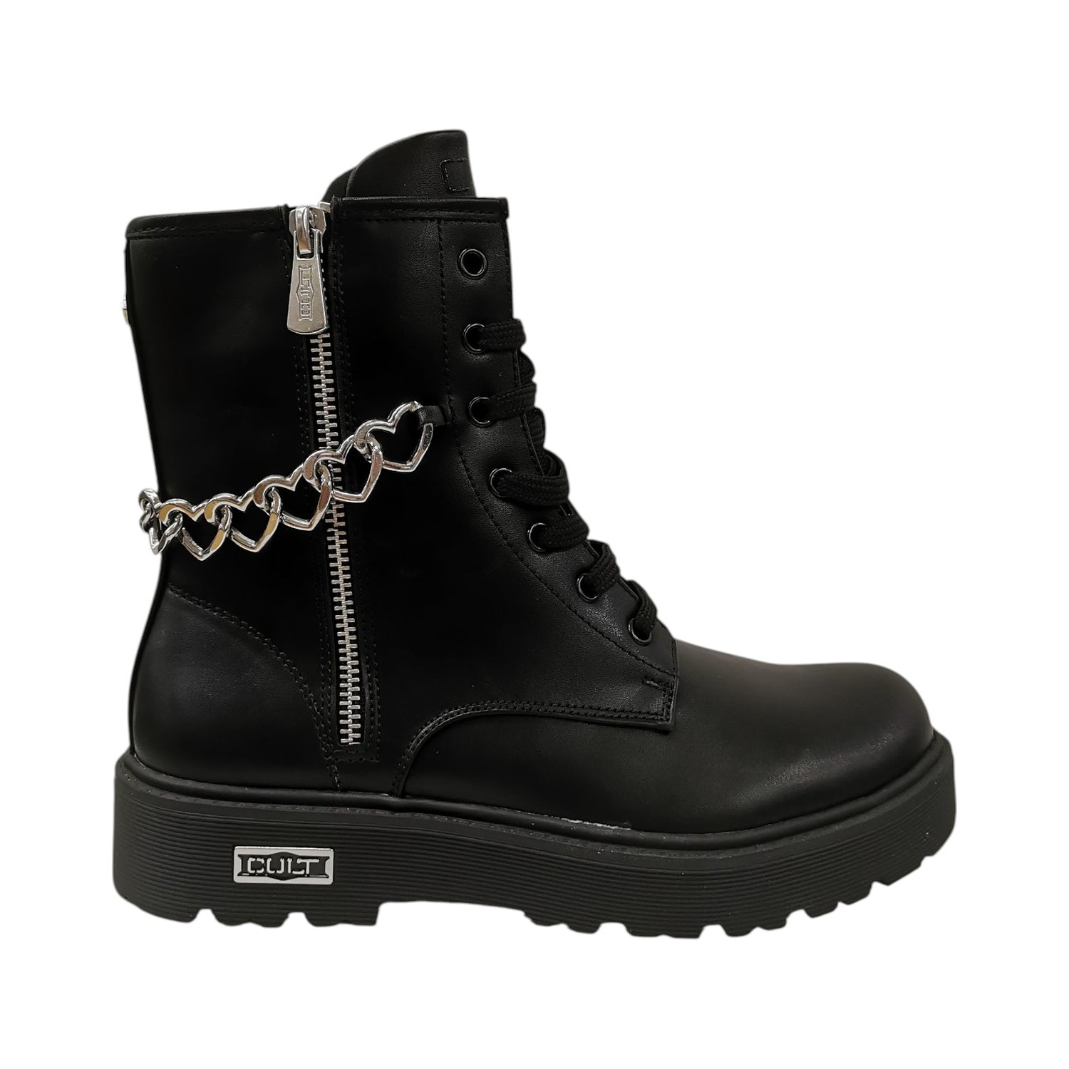 Cult Young Anfibio Bambina in Ecopelle Nera con Cuori e Cerniera