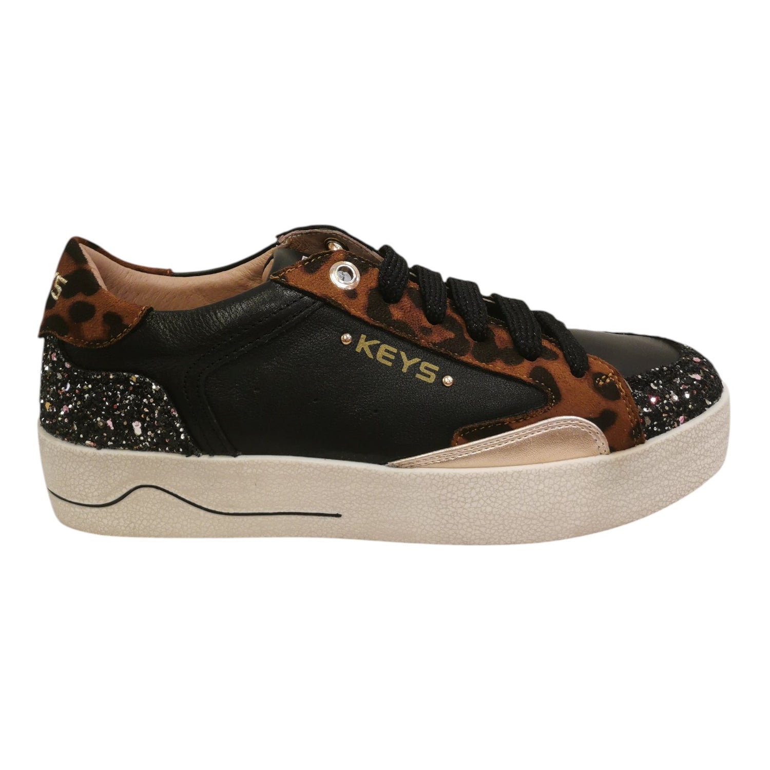 Keys Sneakers Donna in Pelle Nera Leopardata con Strass