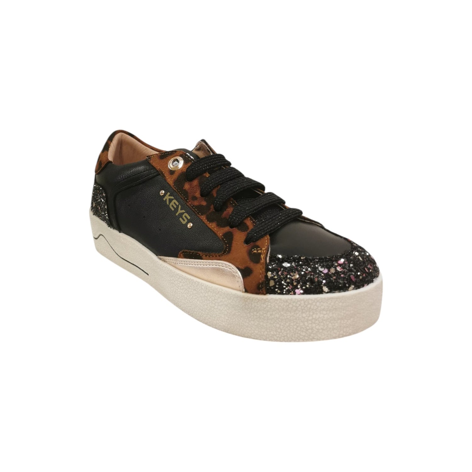 Keys Sneakers Donna in Pelle Nera Leopardata con Strass