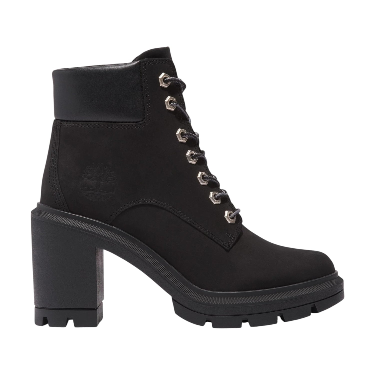 Timberland Stivaletto Donna in Nabuck Nero con Tacco Largo Alto 100mm Allinghton Heights Mid Lace Up