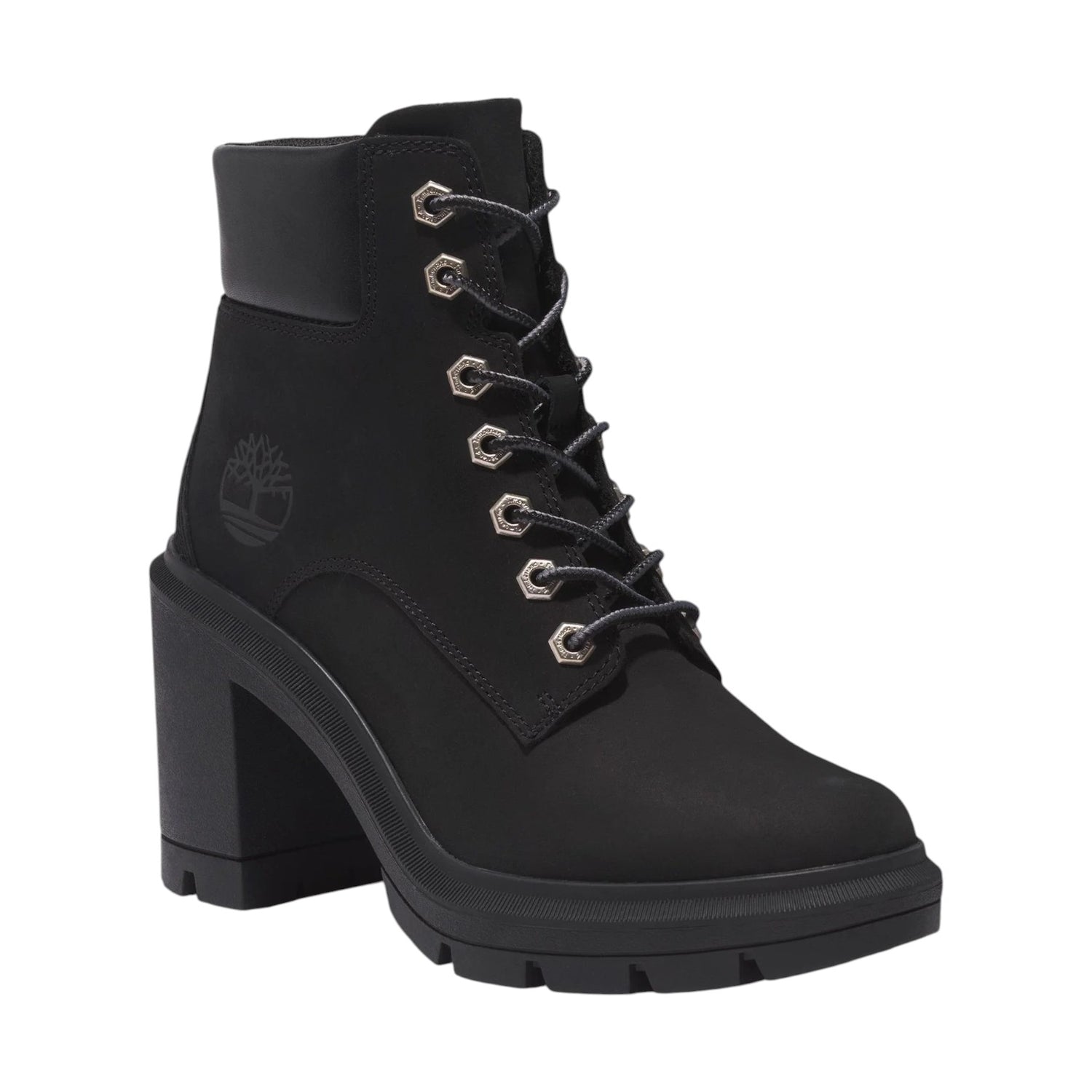 Timberland Stivaletto Donna in Nabuck Nero con Tacco Largo Alto 100mm Allinghton Heights Mid Lace Up