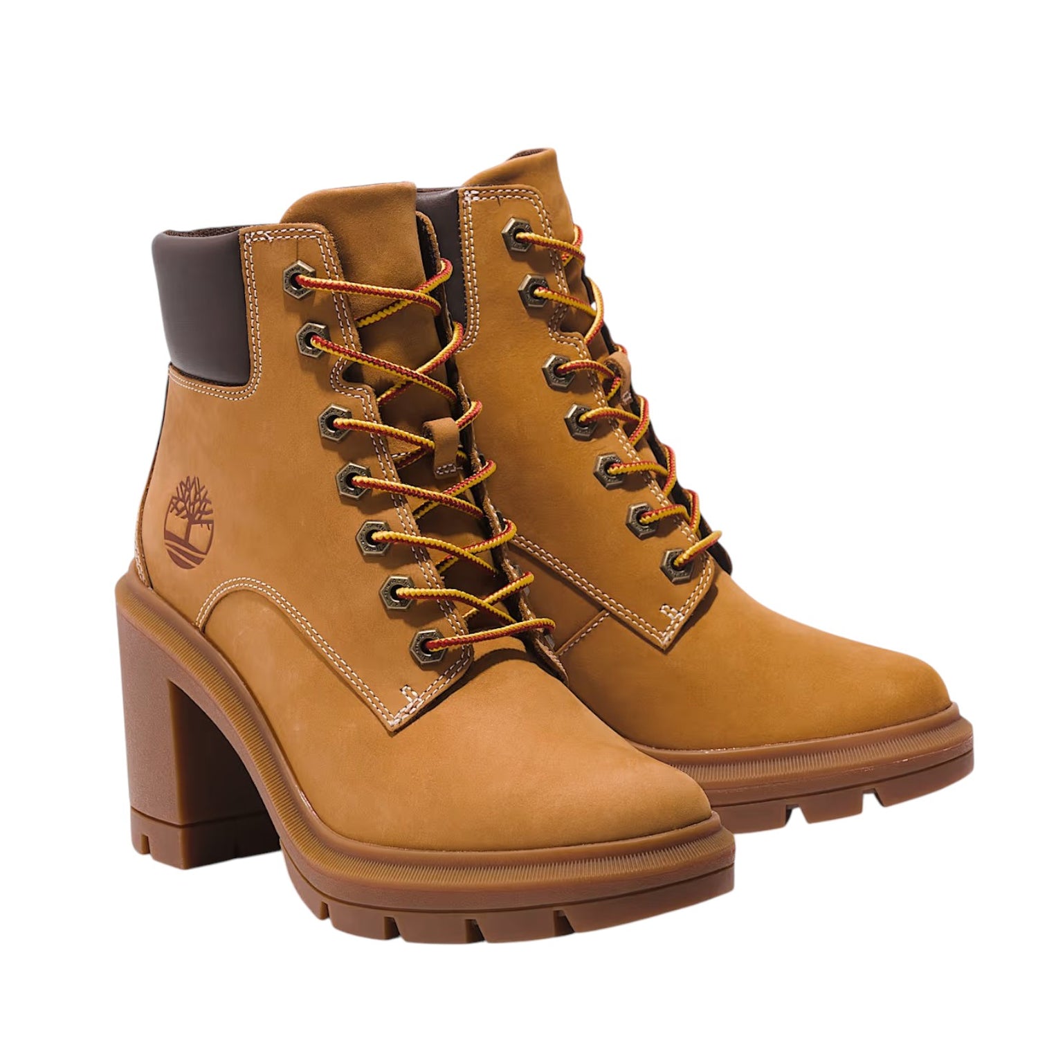 Timberland Stivaletto Donna in Nabuck Ocra con Tacco Largo Alto 100mm Allinghton Heights Mid Lace Up