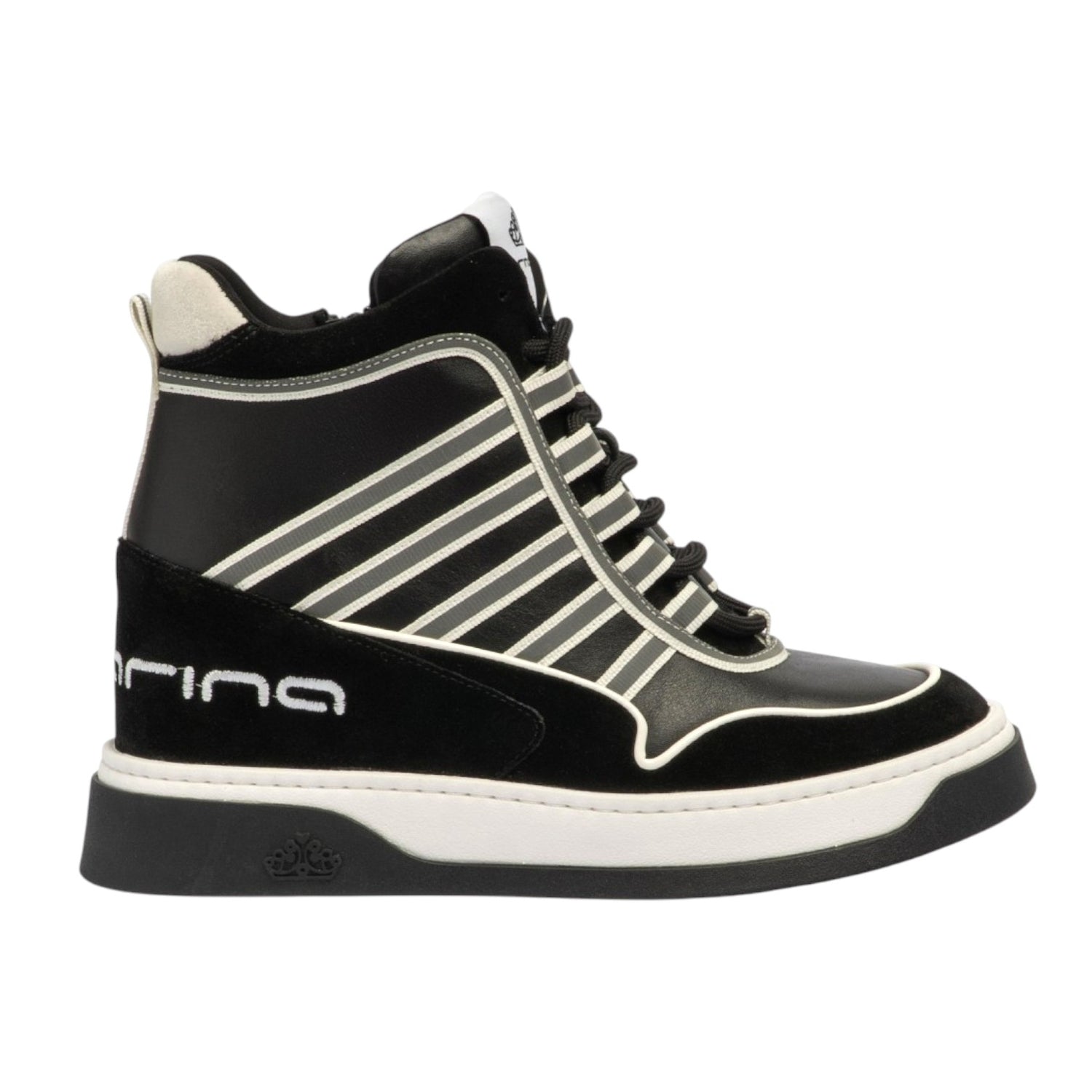 Fornarina Daisy Sneakers Alta Donna in Pelle e Camoscio Nero con Zeppa Alta 80mm