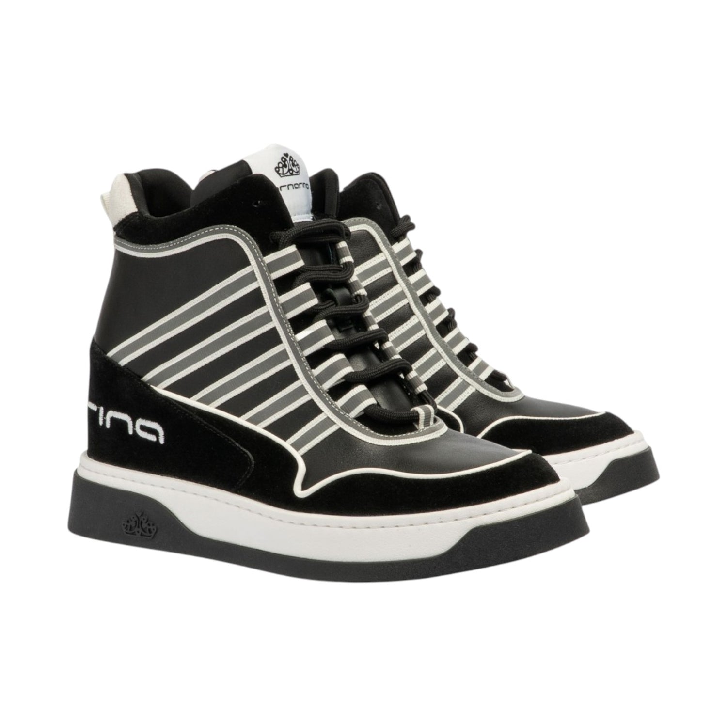 Fornarina Daisy Sneakers Alta Donna in Pelle e Camoscio Nero con Zeppa Alta 80mm