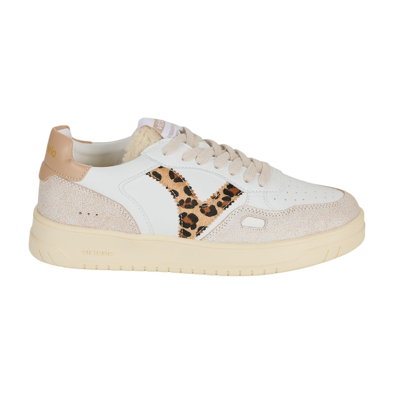 Victoria Sneakers Donna in Pelle e Camoscio Bianco Beige con Dettaglio Leopardato