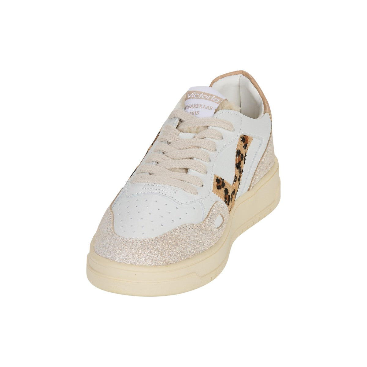 Victoria Sneakers Donna in Pelle e Camoscio Bianco Beige con Dettaglio Leopardato