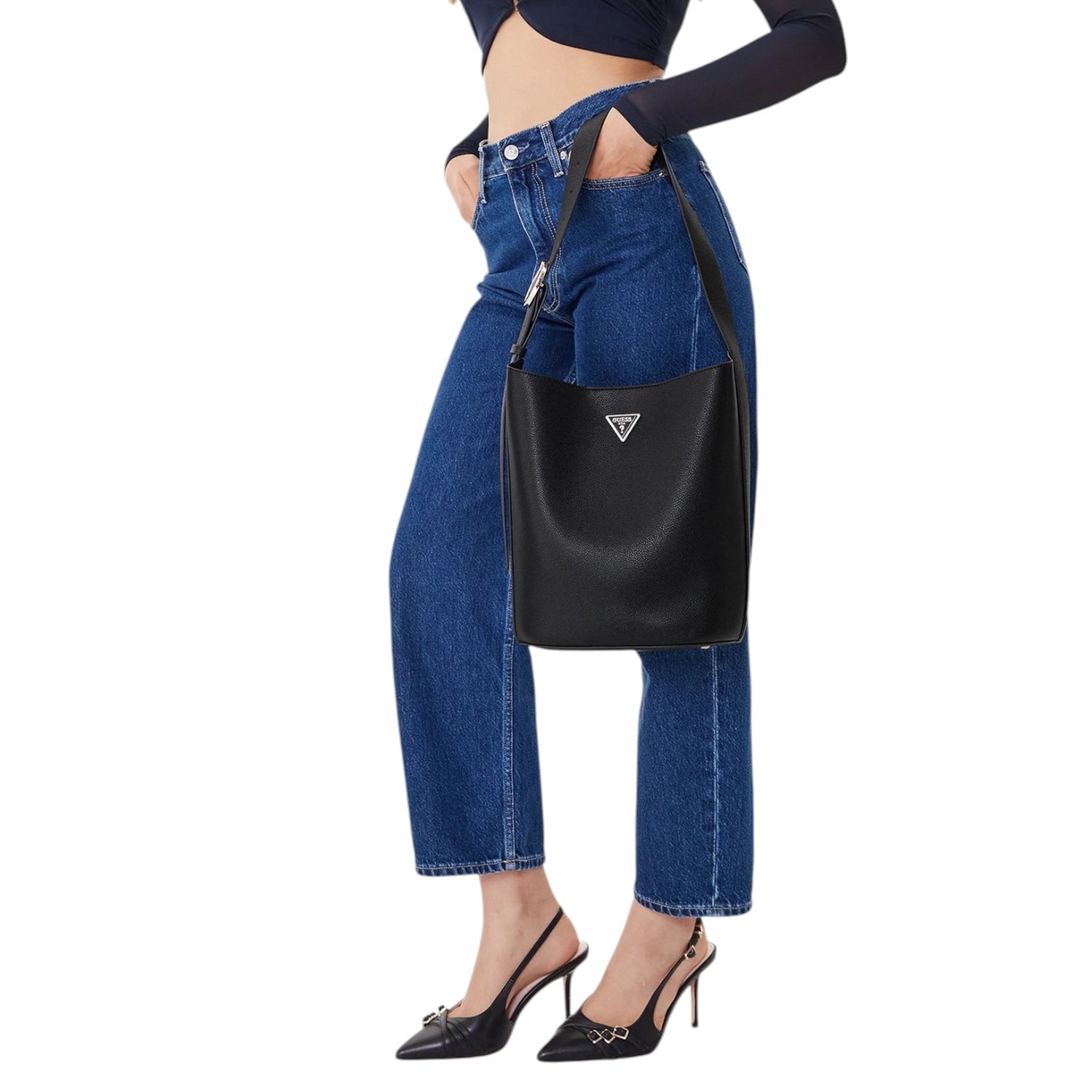 Guess Borsa a Spalla Meridian Donna in Ecopelle Nera con Pochette Interna