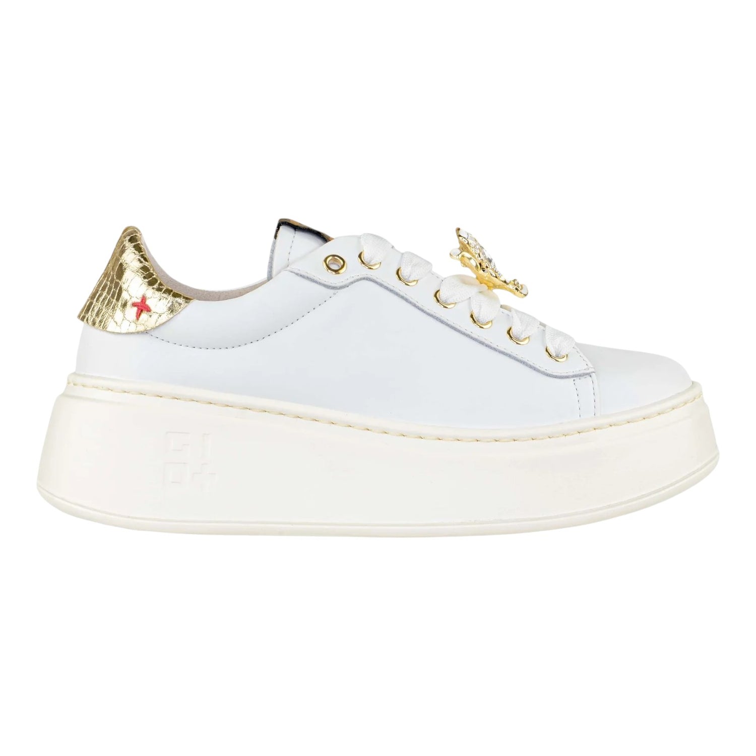 Gio+ Sneakers Platform Donna in Pelle Bianca Oro Laminato con Accessorio