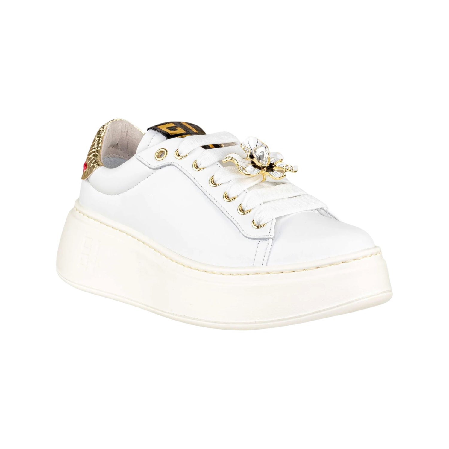 Gio+ Sneakers Platform Donna in Pelle Bianca Oro Laminato con Accessorio