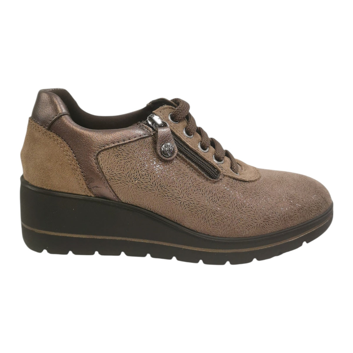 Enval Soft Sneakers Donna in Tessuto e Pelle Tortora Laminato con Zeppa