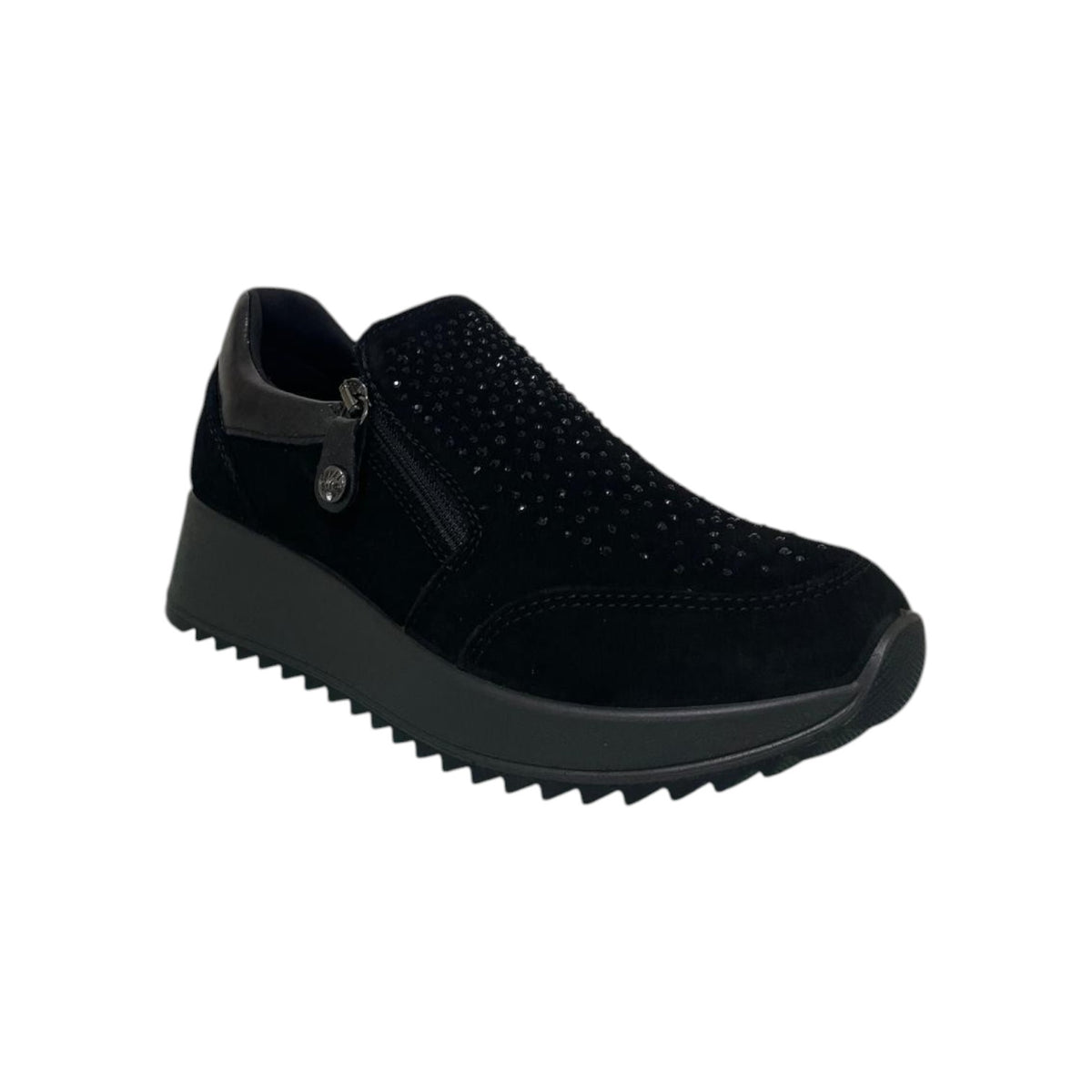 Enval Soft Mocassino Donna in Camoscio Nero con Strass e Zip