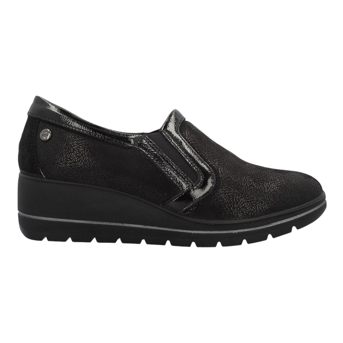 Enval Soft Mocassino Nero in Camoscio Nero con Inserto in Vernice e Zeppa Alta 50mm