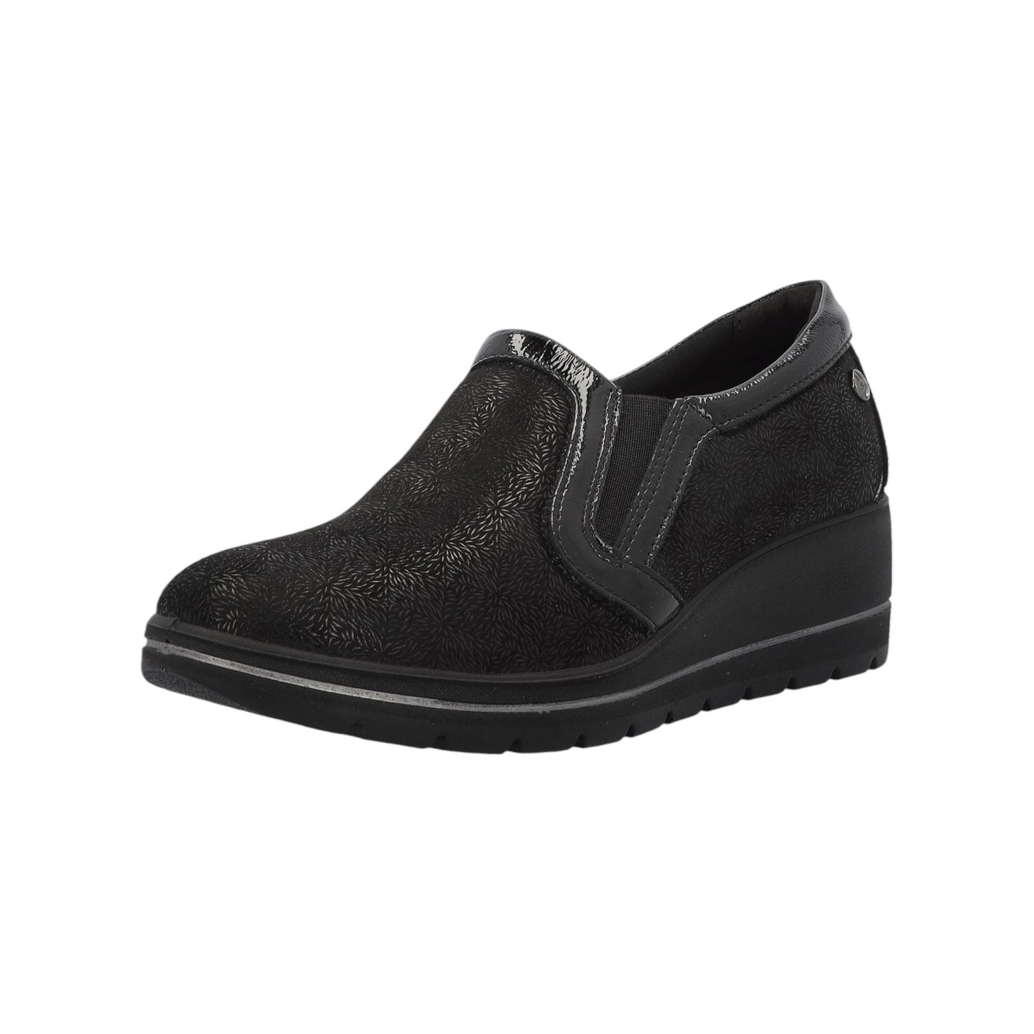 Enval Soft Mocassino Nero in Camoscio Nero con Inserto in Vernice e Zeppa Alta 50mm