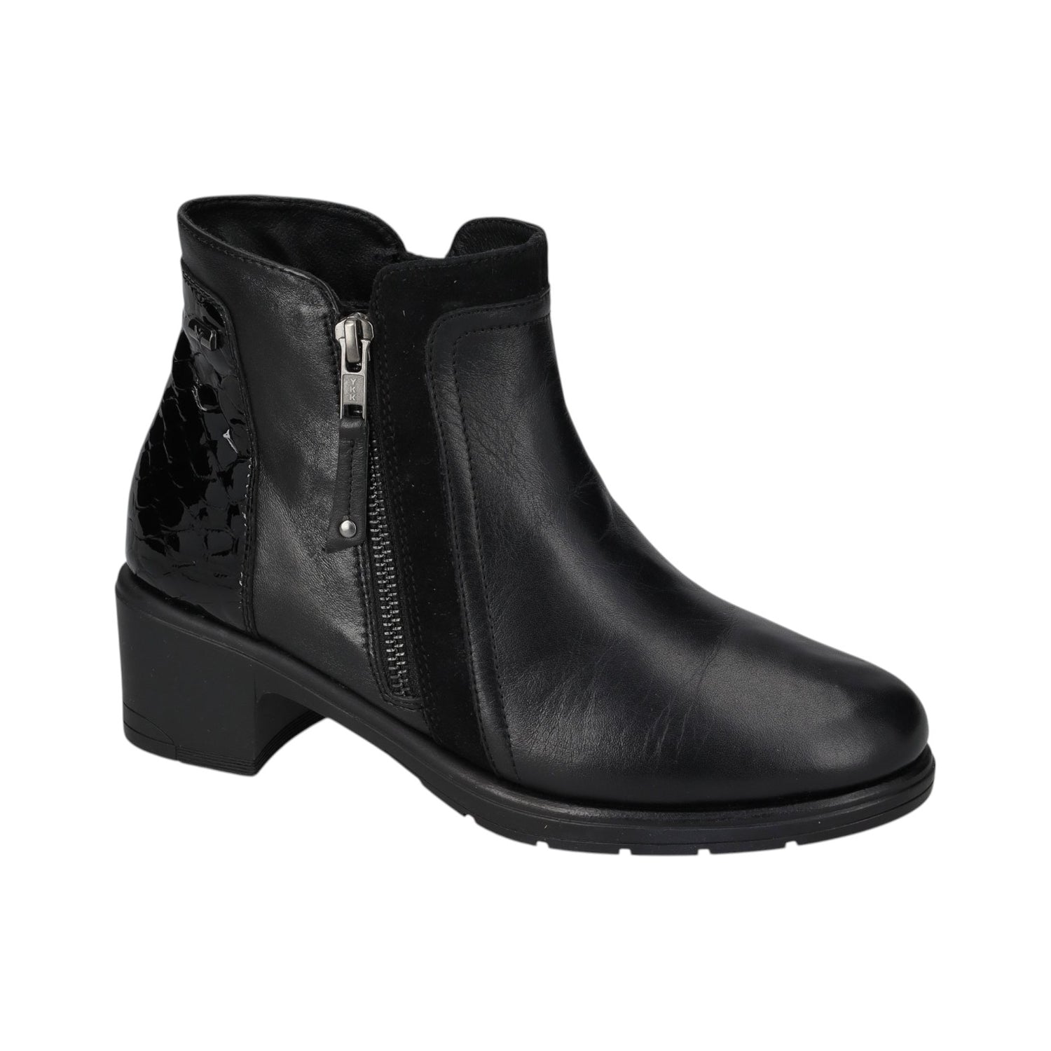 Valleverde Stivaletto Donna in Pelle Nera con Inserto in Vernice e Tacco Largo Alto 50mm