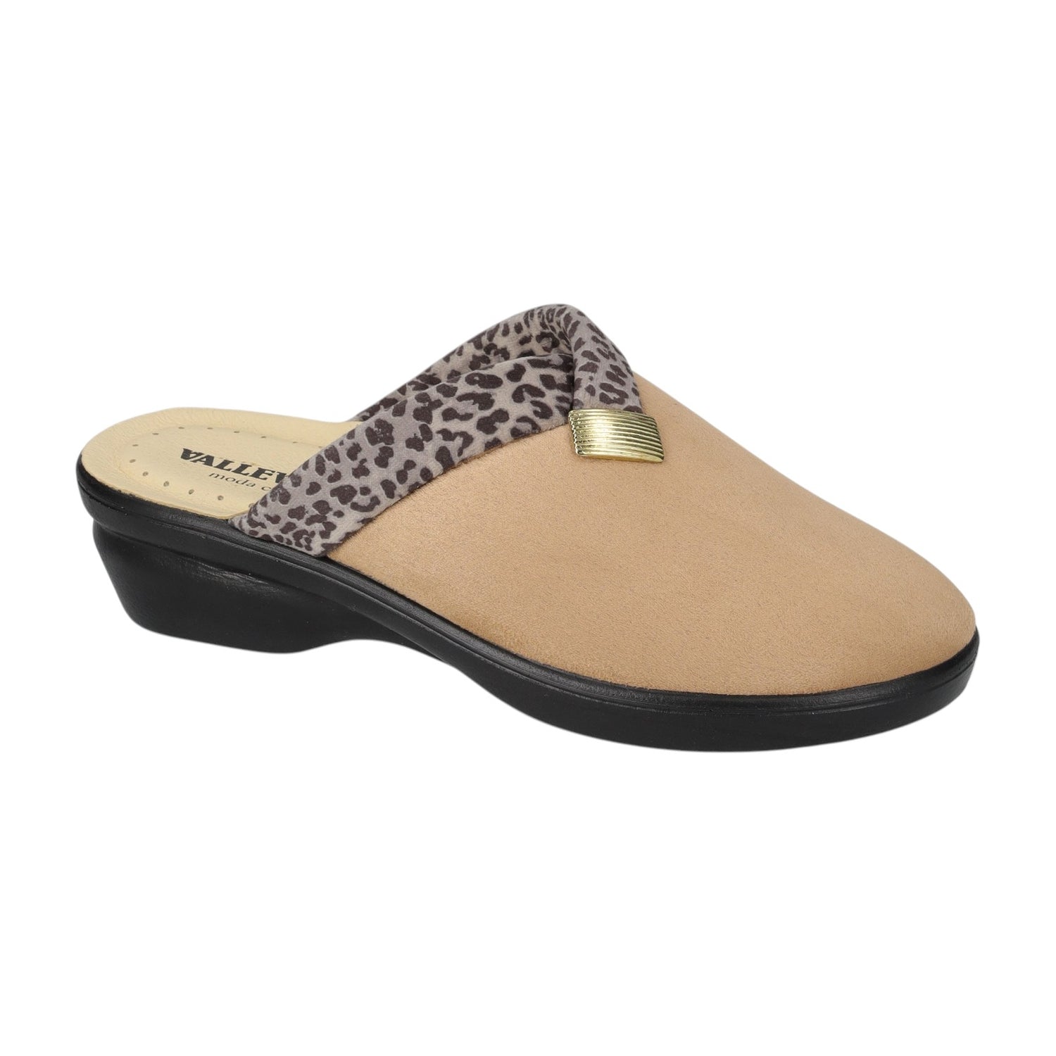 Valleverde Pantofola Donna in Tessuto Cammello con Stampa Leopardata