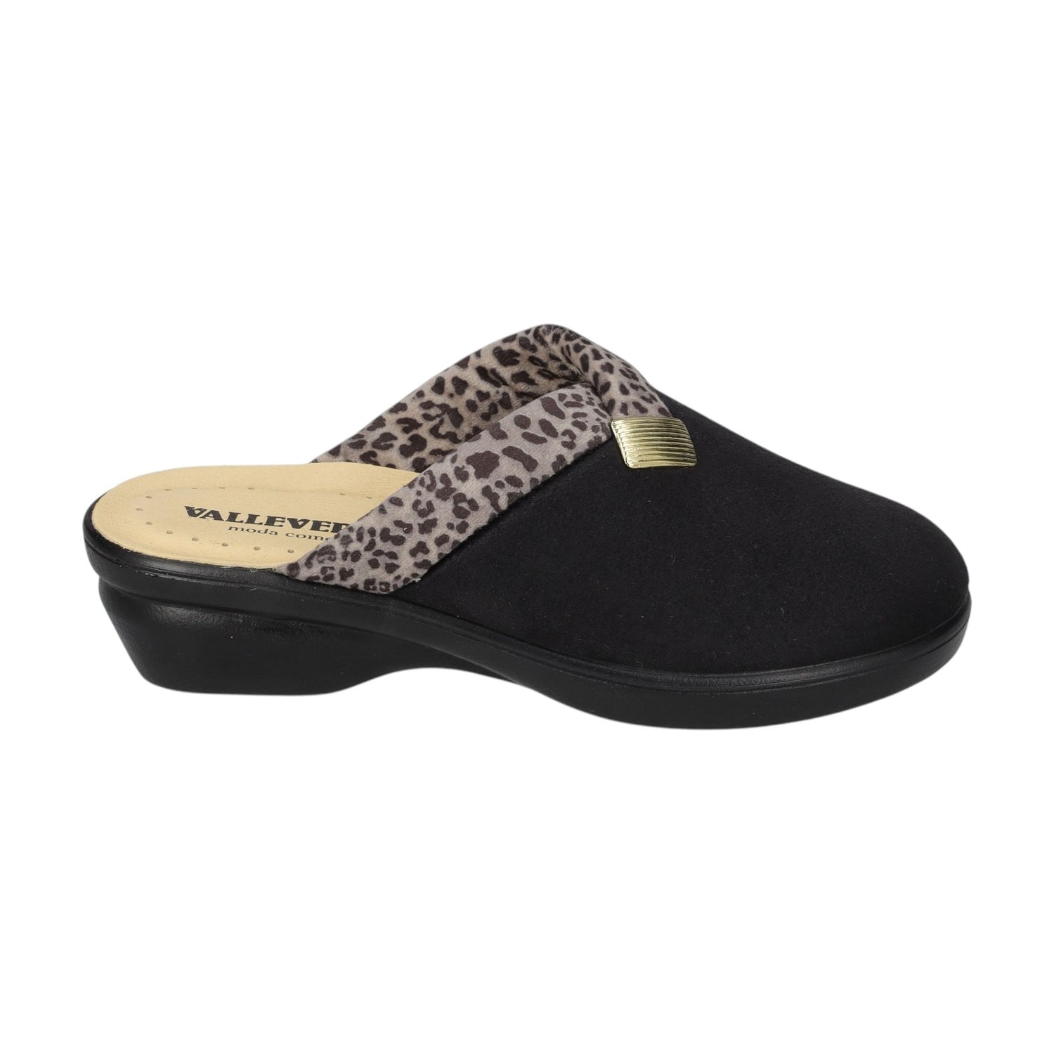 Valleverde Pantofola Donna in Tessuto Nera con Stampa Leopardata