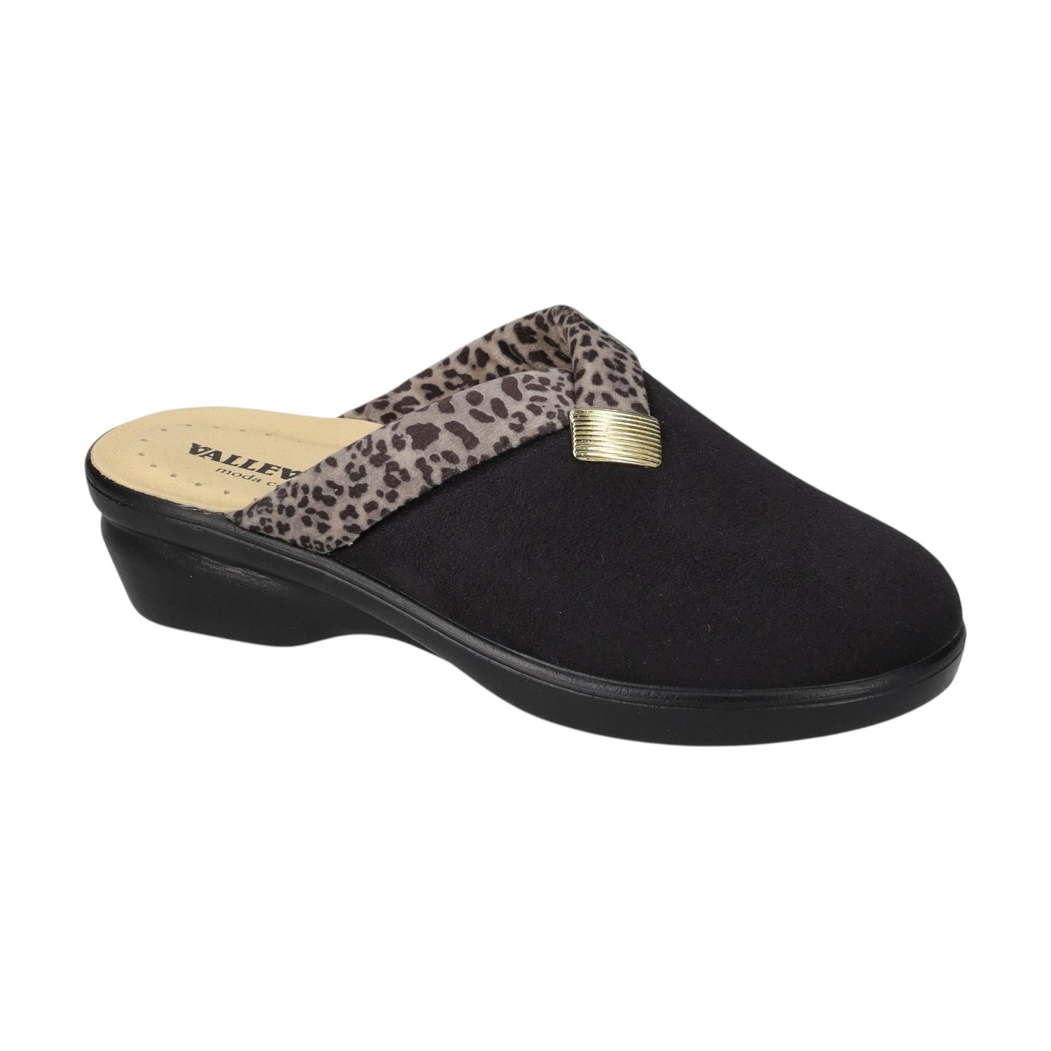 Valleverde Pantofola Donna in Tessuto Nera con Stampa Leopardata
