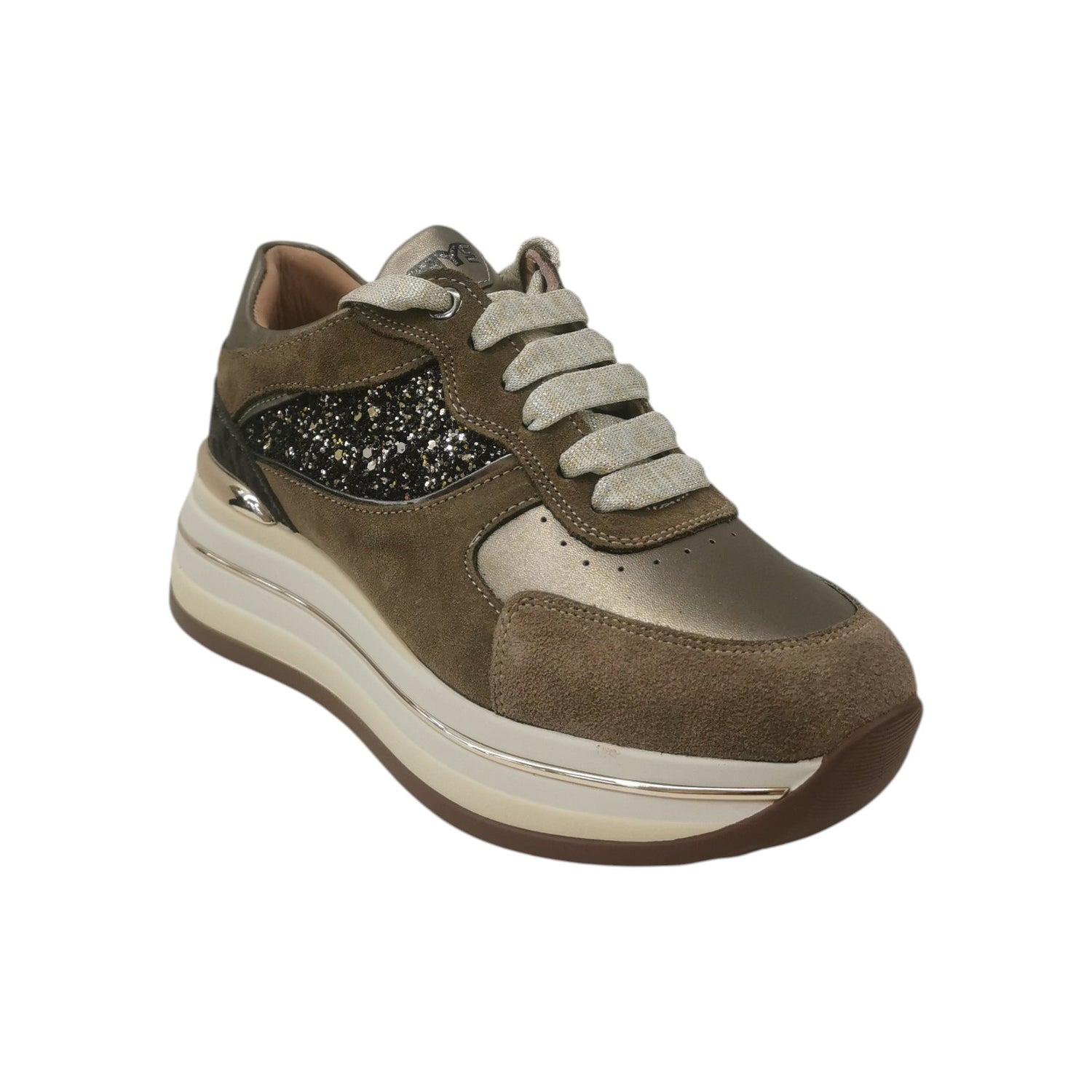 Keys Sneakers Platform Donna in Pelle e Camoscio Tortora Oro