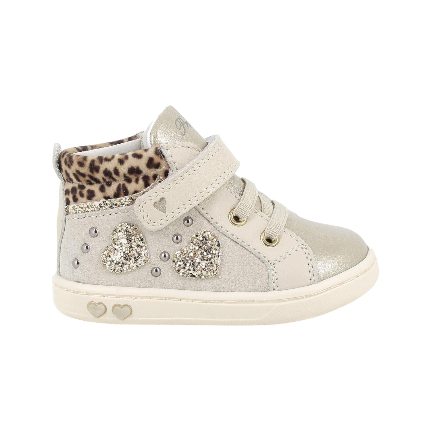Primigi Sneakers Alta Bambina Beige Platino con Stampa Leopardata e Strass