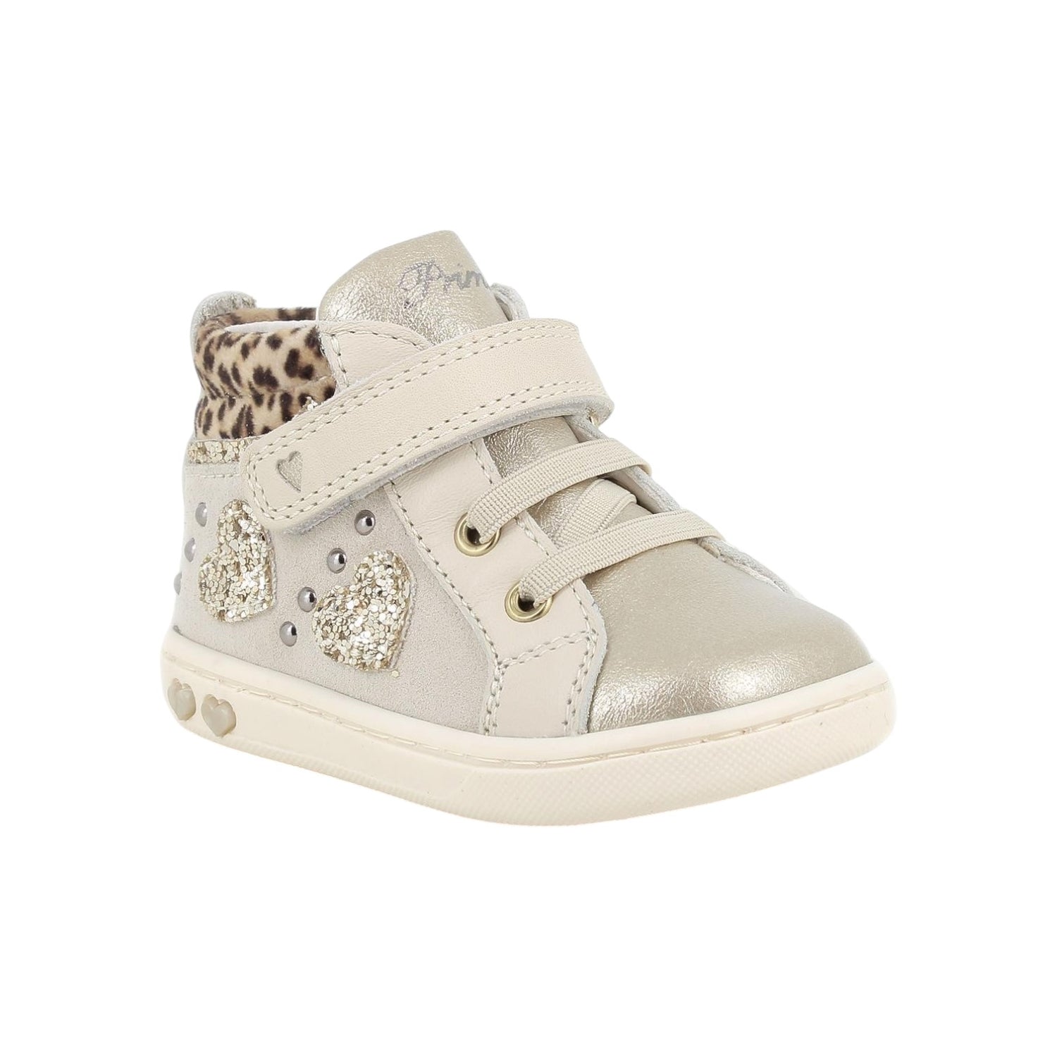 Primigi Sneakers Alta Bambina Beige Platino con Stampa Leopardata e Strass