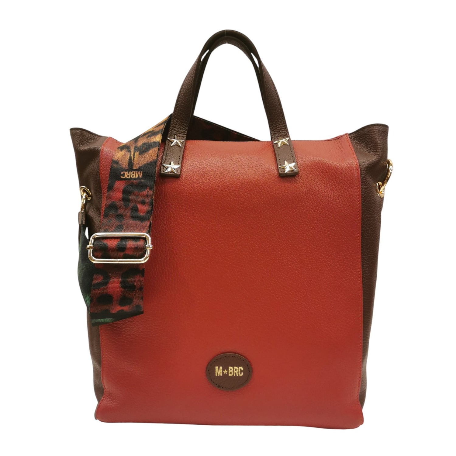 M Brc Borsa a Mano Grande Donna Linea Animalier in Pelle Marrone Coccio con Tracolla