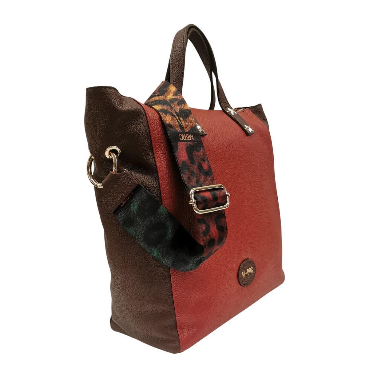 M Brc Borsa a Mano Grande Donna Linea Animalier in Pelle Marrone Coccio con Tracolla