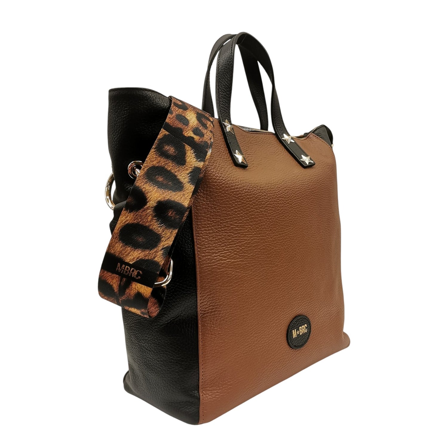 M Brc Borsa a Mano Grande Donna Linea Animalier in Pelle Nero Cognac con Tracolla