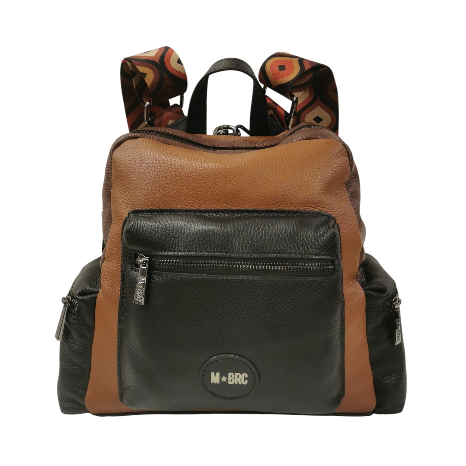 M Brc Zaino Donna Linea Obona in Pelle Nero Cognac con Tasconi Laterali