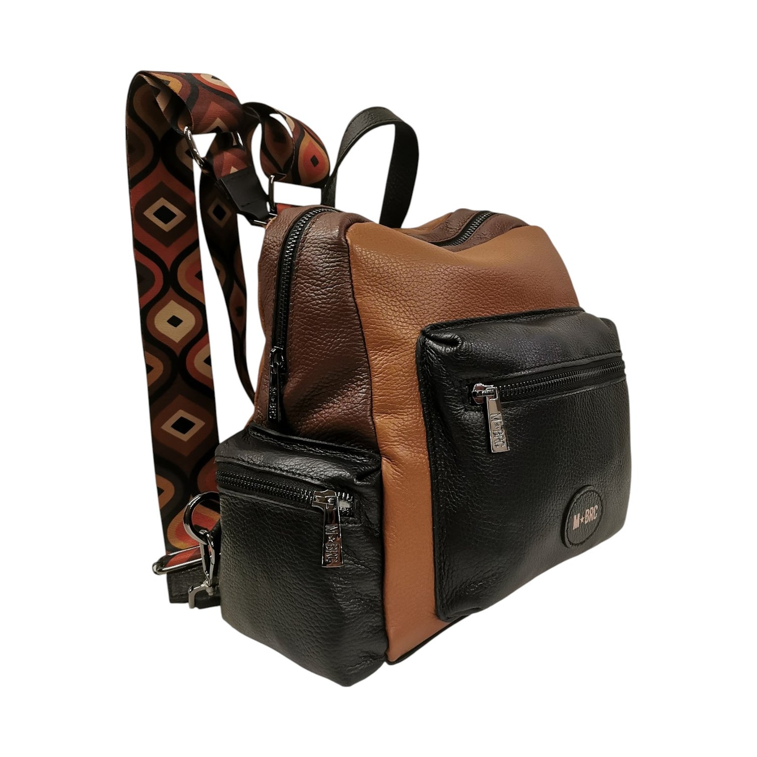 M Brc Zaino Donna Linea Obona in Pelle Nero Cognac con Tasconi Laterali