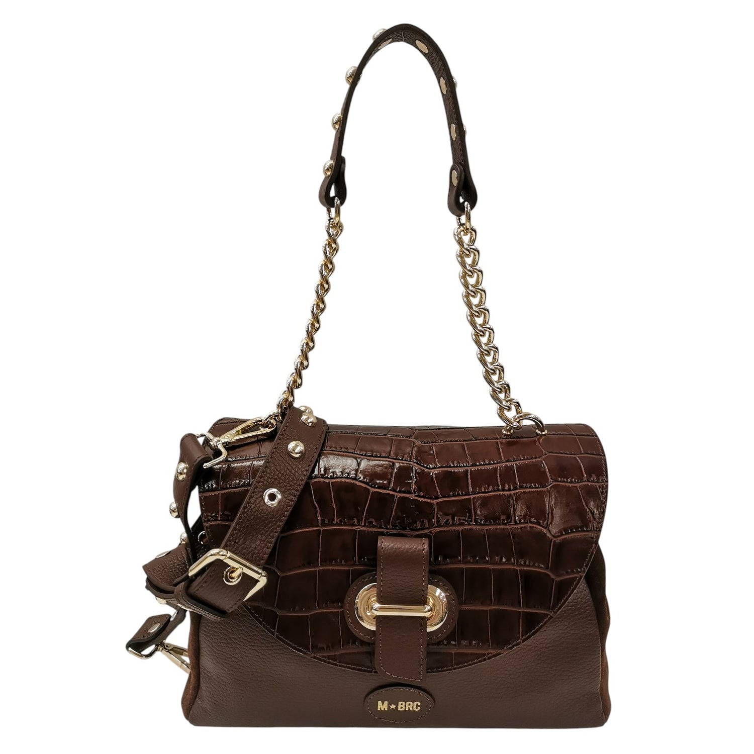 M Brc Borsa a Spalla Donna Linea Millebolle in Pelle Marrone Cocco con Patta e Catena