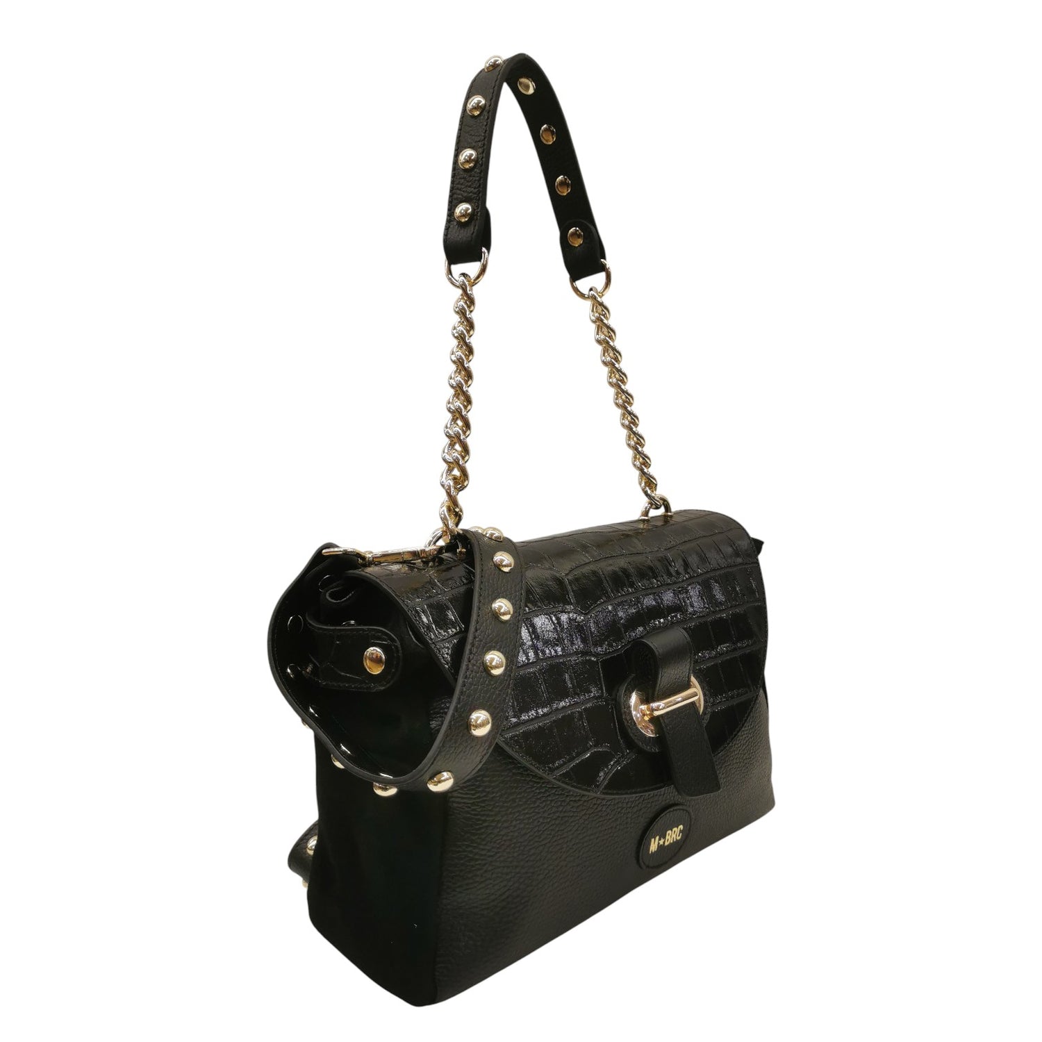 M Brc Borsa a Spalla Donna Linea Millebolle in Pelle Nera Cocco con Patta e Catena