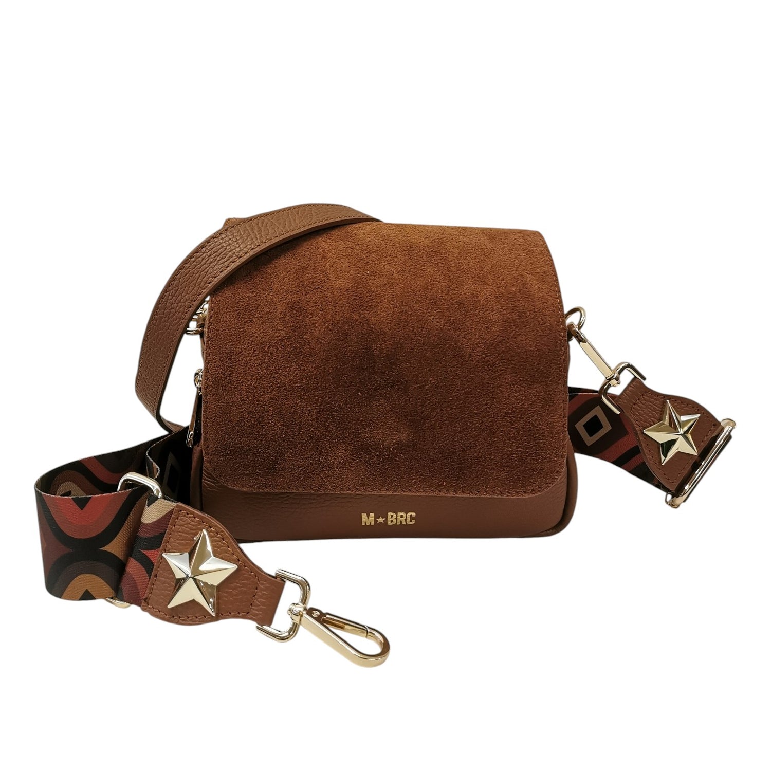 M Brc Borsa a Tracolla Piccola Donna Linea Obona Suede in Camoscio e Pelle Cognac