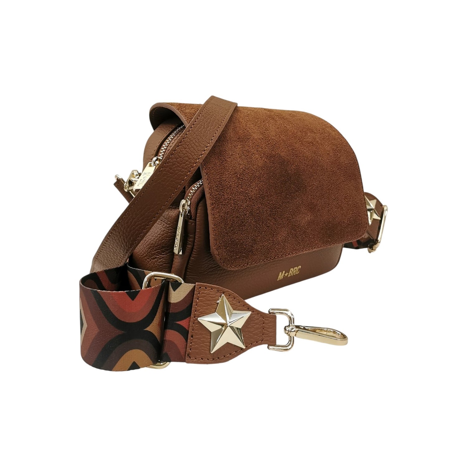 M Brc Borsa a Tracolla Piccola Donna Linea Obona Suede in Camoscio e Pelle Cognac