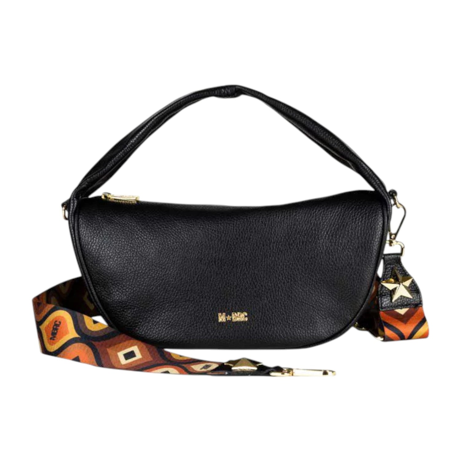 M Brc Borsa a Spalla Piccola Mezzaluna Donna Linea Obona in Pelle Nera con Doppia Tracolla