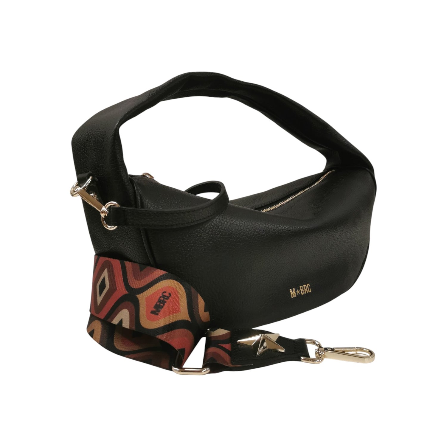 M Brc Borsa a Spalla Piccola Mezzaluna Donna Linea Obona in Pelle Nera con Doppia Tracolla