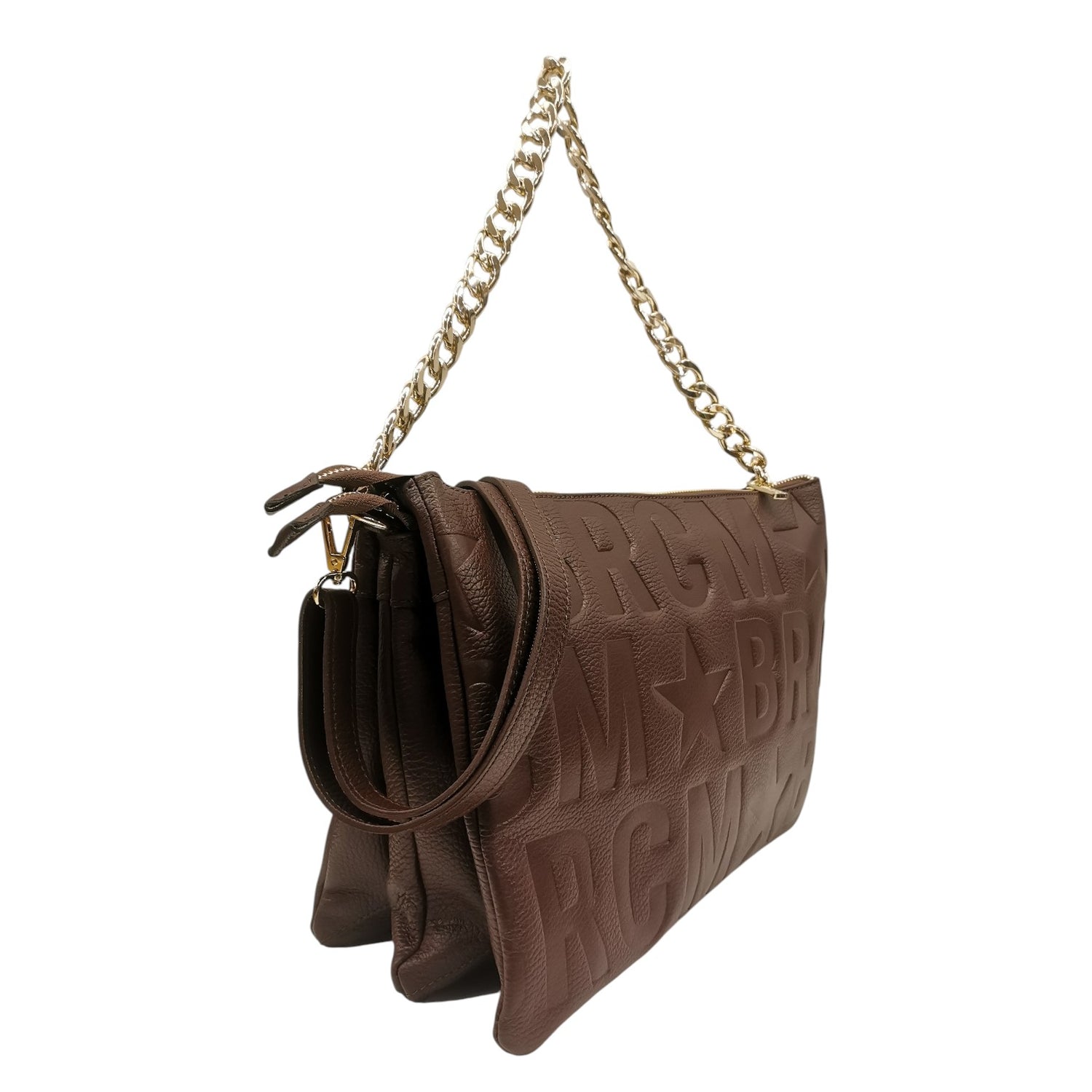 M Brc Borsa a Tracolla Donna Linea Sfera in Pelle Logata Marrone con Catena