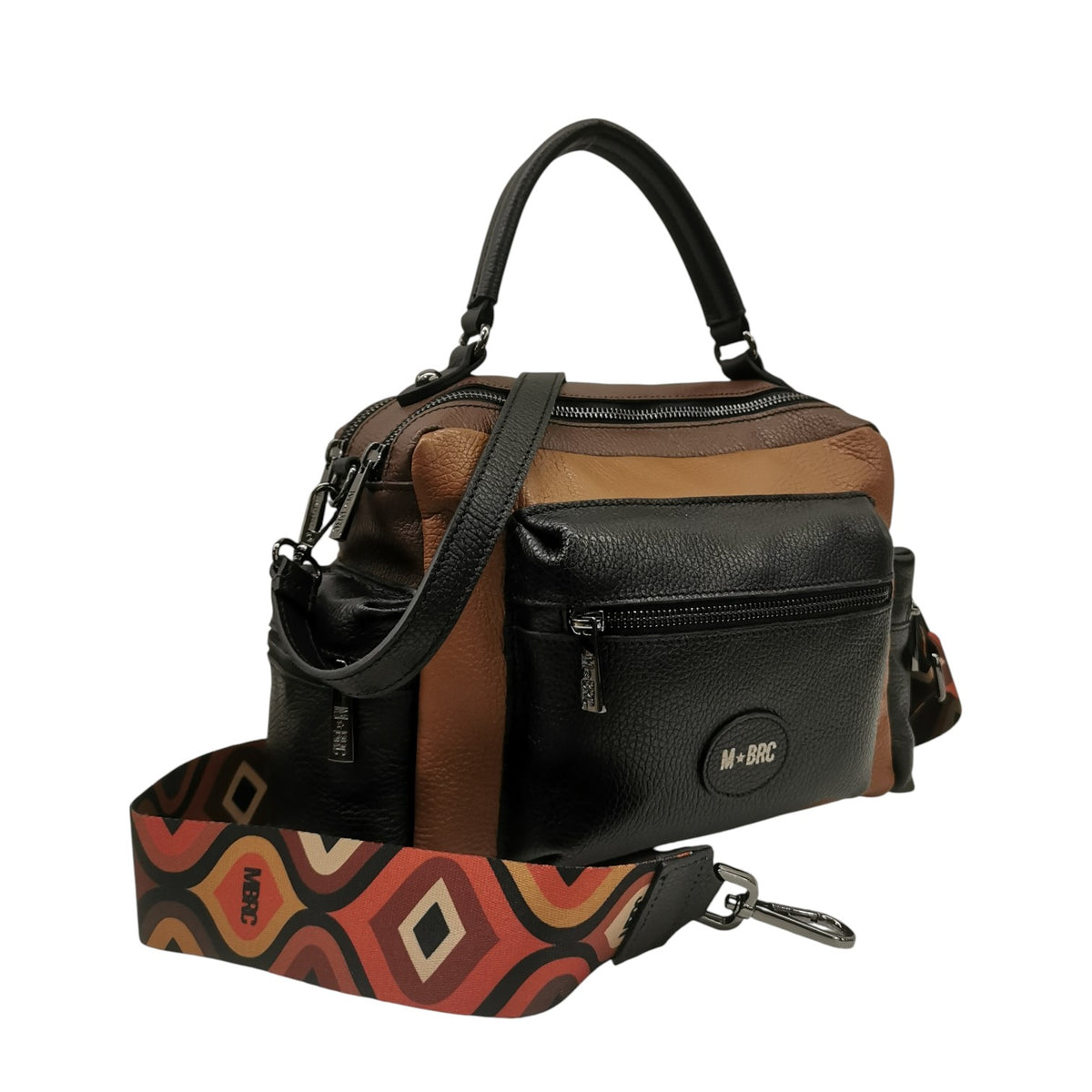 M Brc Borsa a Mano Donna Linea Obona 3 in Pelle Nero Cognac con Doppia Tracolla