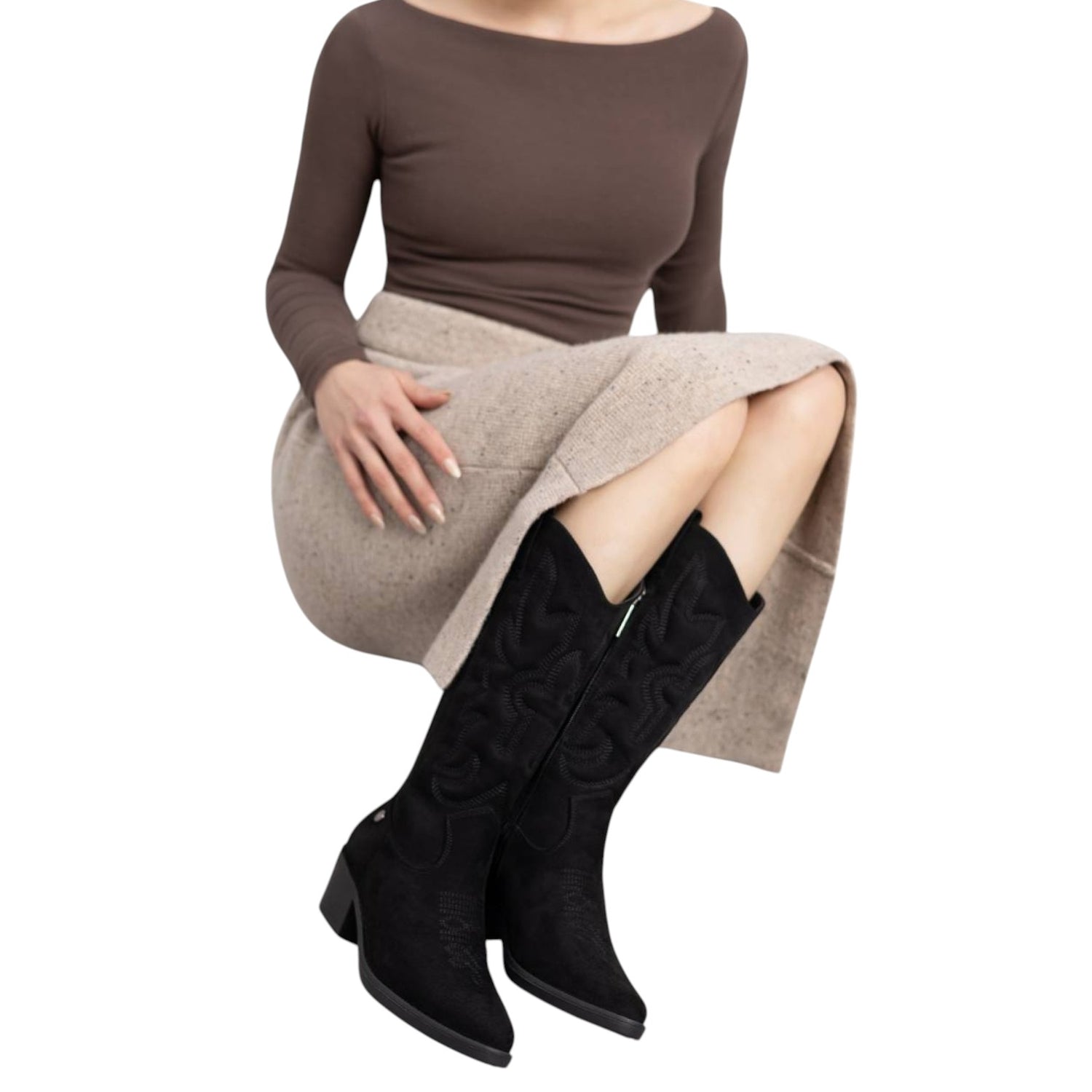 Refresh Camperos Stivale Donna in Camoscio Nero con Cuciture e Tacco Largo Alto 50mm