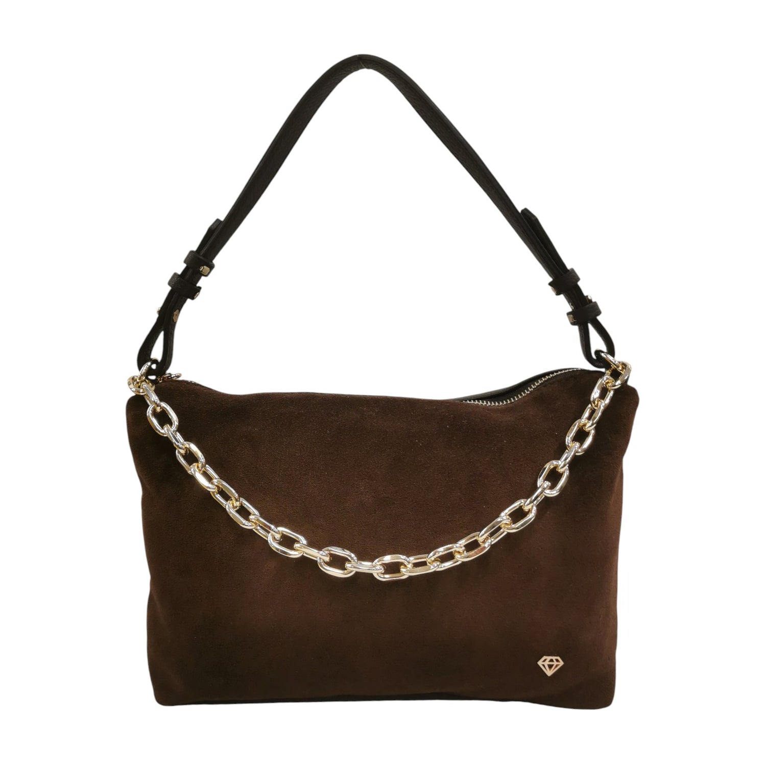 Caleidos Borsa a Spalla Donna in Camoscio e Pelle Marrone con Catena Oro e Manico Regolabile