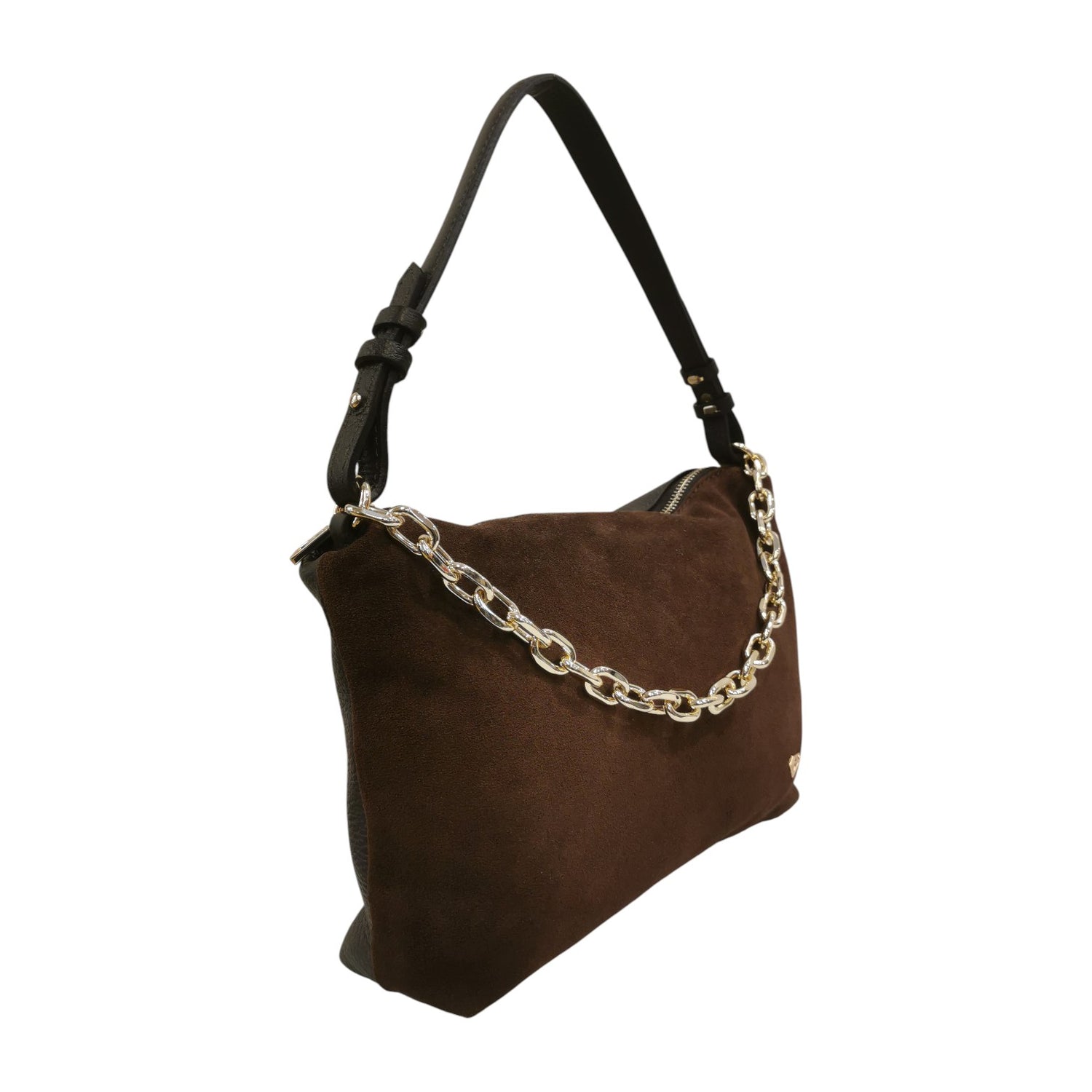 Caleidos Borsa a Spalla Donna in Camoscio e Pelle Marrone con Catena Oro e Manico Regolabile